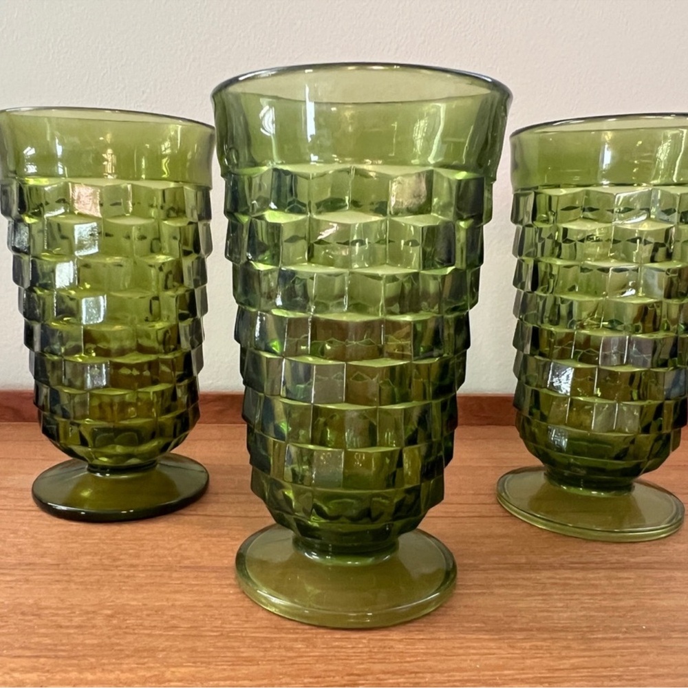 Set of 3 Indiana Whitehall Cubist Glasses - Avocado Green